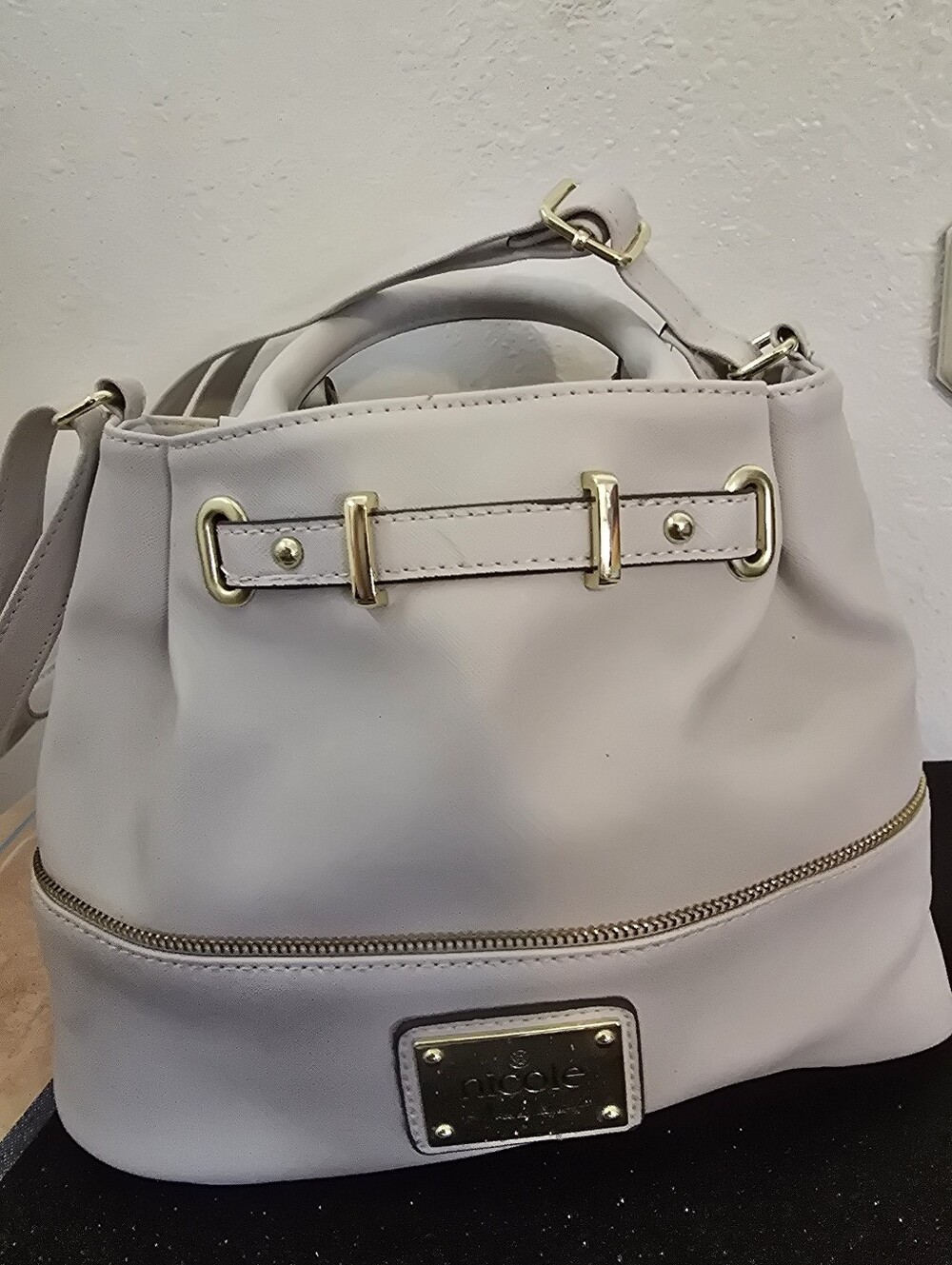 Nicole Miller Off White Shoulder Bag with Gold Hardware